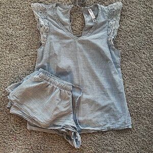 Pale Blue & White Striped Ruffle Pajama Shorts Set - Relaxed Fit